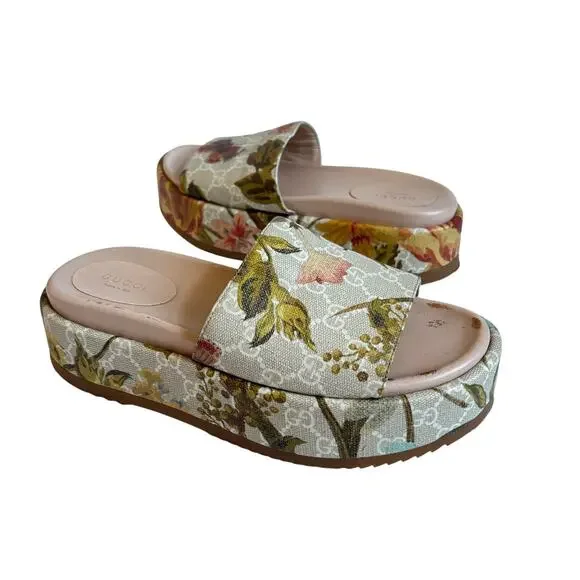Gucci Angelina Platform Slide Sandals Beige GG Monogram Floral Canvas Size EU 38 - Picture 1 of 14